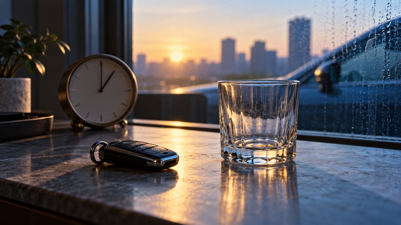 隔夜醉驾主题配图：车钥匙、空玻璃杯、时钟