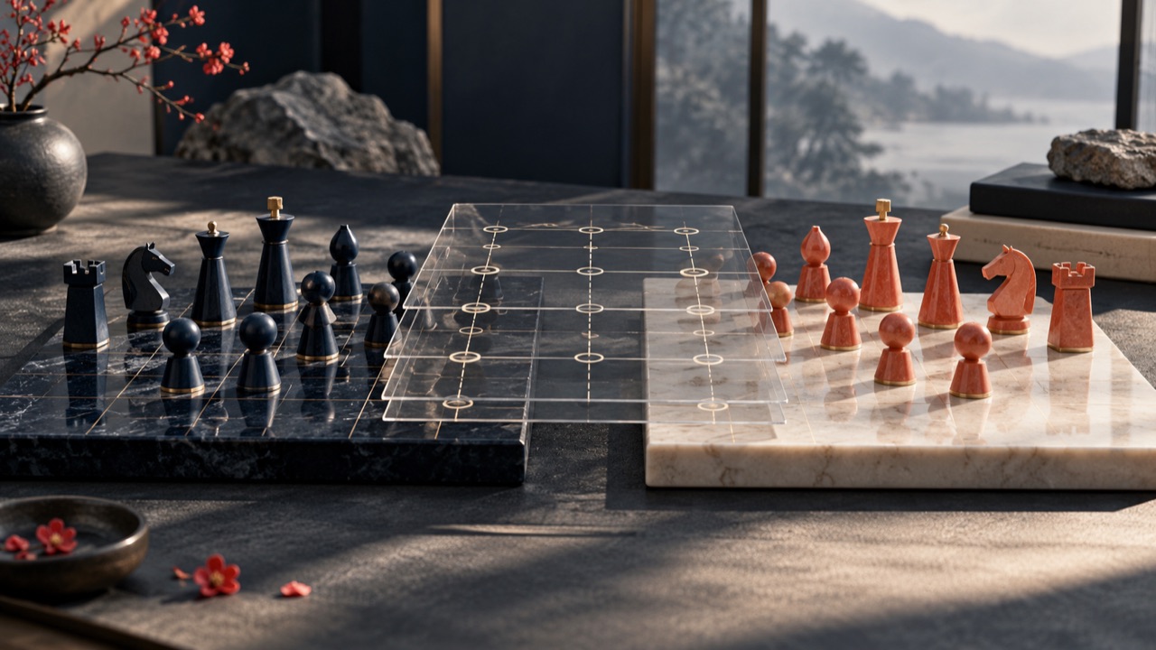 换皮游戏主题配图：双棋盘、不同外观棋子、透明叠片